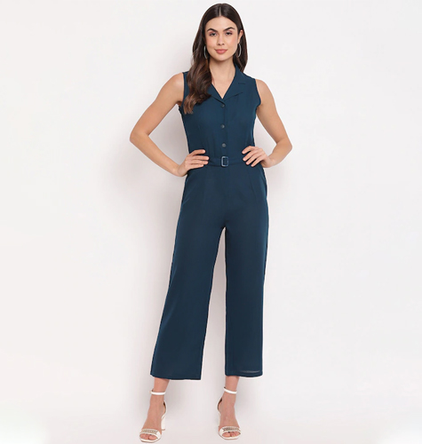 Women Teal Blue Solid Basic Jumpsuit